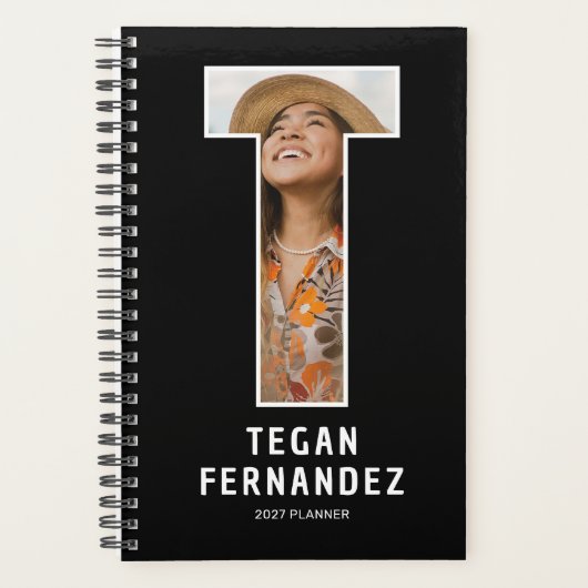 Zwarte Monogram Beginletter 'T' Foto Planner (Voorkant)
