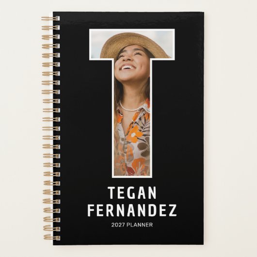 Zwarte Monogram Beginletter 'T' Foto Planner (Voorkant)