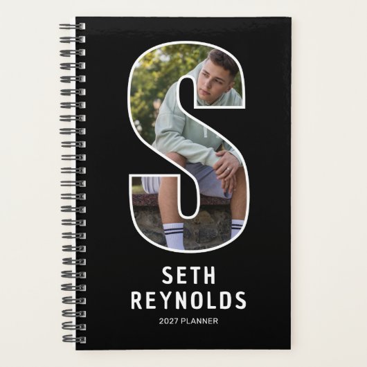 Zwarte Monogram Eerste Letter 'S' Foto Planner (Voorkant)