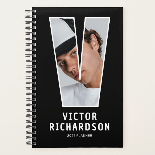 Zwarte Monogram Eerste Letter 'V' Foto Planner (Voorkant)