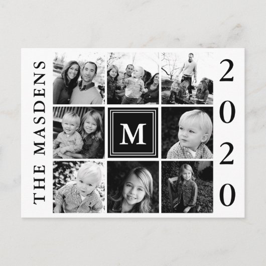 Zwarte Monogram Familie Fotocollage Briefkaart (Voorkant)