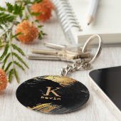 Zwarte monogram, gepersonaliseerde elegante modern sleutelhanger (Zijkant)