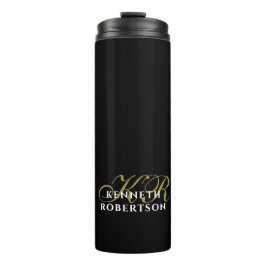 Zwarte Monogram Goud Witte Minimalistische Elegant Thermosbeker
