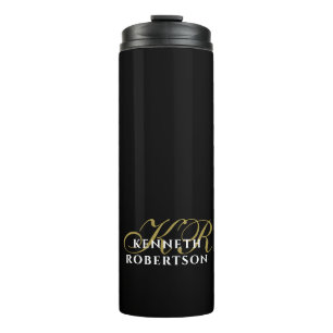 Zwarte Monogram Goud Witte Minimalistische Elegant Thermosbeker