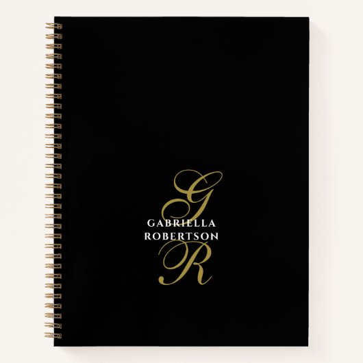 Zwarte Monogram Gouden Initialen Witte Naam Elegan Notitieboek (Voorkant)