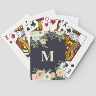 Zwarte monogram Initiaal Kute Peach Mint Flowers Pokerkaarten