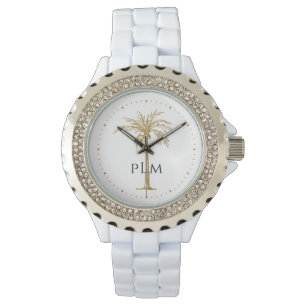 Zwarte Monogram Kunstzinnige Tropische Gouden Palm Horloge