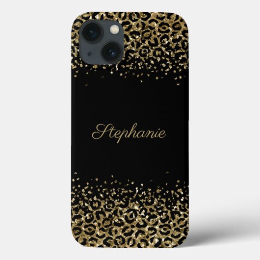 Zwarte monogram luipaardprint met gouden glitters Case-Mate iPhone case (Achterkant)