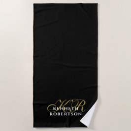 Zwarte Monogram Minimalistische Gouden Witte Elega Strandlaken