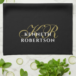 Zwarte Monogram Minimalistische Gouden Witte Elega Theedoek