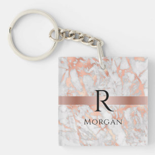 Zwarte monogram & naam, wit & roze goud marmer sleutelhanger
