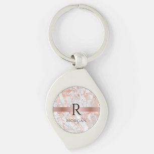 Zwarte monogram & naam, wit & roze goud marmer sleutelhanger