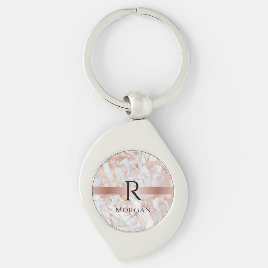 Zwarte monogram & naam, wit & roze goud marmer sleutelhanger (Voorkant)