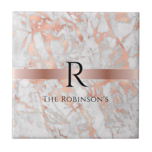 Zwarte monogram & naam, wit & roze goud marmer tegeltje