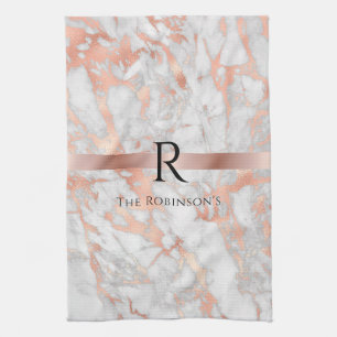 Zwarte monogram & naam, wit & roze goud marmer theedoek