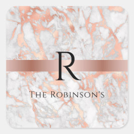 Zwarte monogram & naam, wit & roze gouden marmer vierkante sticker