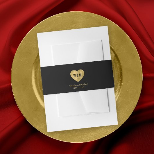 Zwarte Monogram Nep Gouden Hart Trouw Uitnodigingen Wikkel