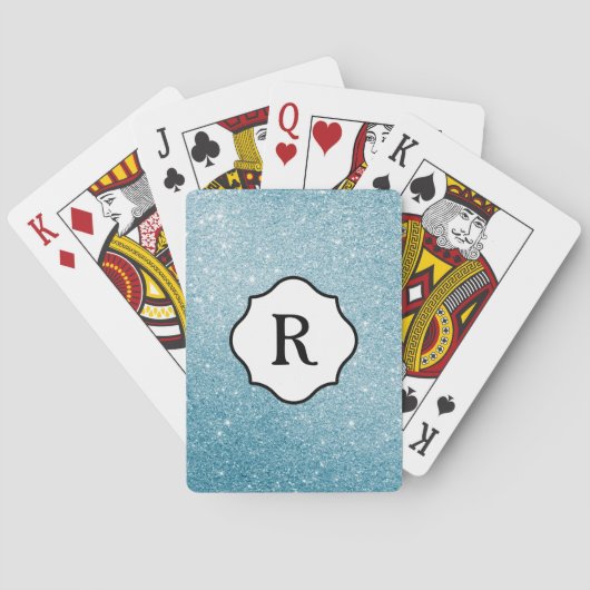 Zwarte monogram op glinsterende aqua glitter pokerkaarten (Achterkant)