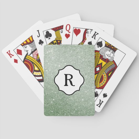 Zwarte monogram op glinsterende zeegroene glitters pokerkaarten (Achterkant)