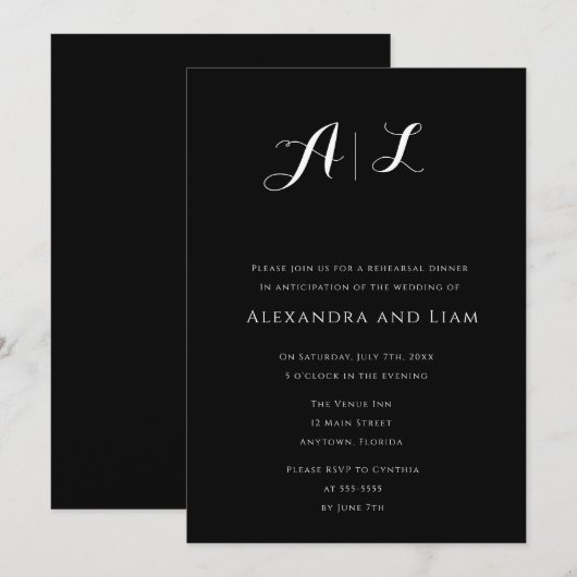 Zwarte monogram repetitie kaart (Voorkant / Achterkant)