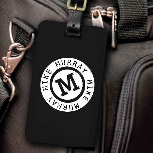zwarte monogram / ronde naam en initiaal M-letter Bagagelabel