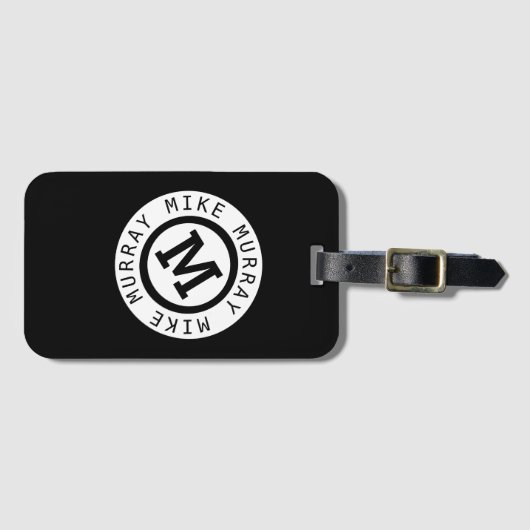 zwarte monogram / ronde naam en initiaal M-letter Bagagelabel (Voorkant (horizontaal))