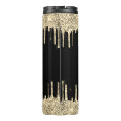 Zwarte monogram scriptnaam Gold Glitter Drip Thermosbeker (Achterkant)