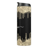 Zwarte monogram scriptnaam Gold Glitter Drip Thermosbeker (Geroteerd rechts)
