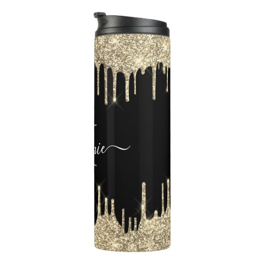 Zwarte monogram scriptnaam Gold Glitter Drip Thermosbeker (Geroteerd rechts)
