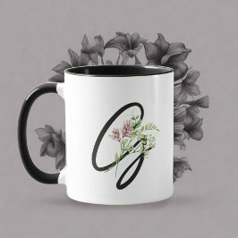 Zwarte Monogram Typografie "G" Elegante Bloemen Mok