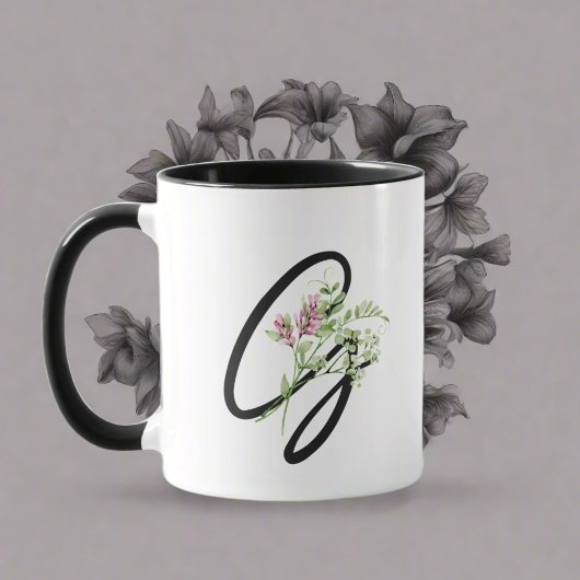 Zwarte Monogram Typografie "G" Elegante Bloemen Mok