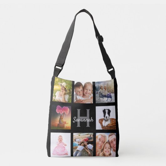 Zwarte monogram voor aangepaste fotocollage crossbody tas (Voorkant)