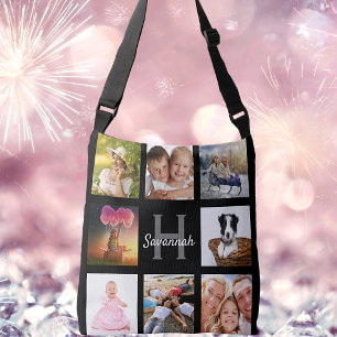 Zwarte monogram voor aangepaste fotocollage crossbody tas