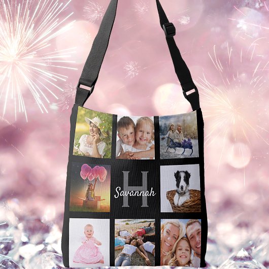 Zwarte monogram voor aangepaste fotocollage crossbody tas