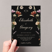 Zwarte Monogram Wildflower Wedding Acryl Uitnodigingen (Insitu (Draagbaar))