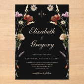 Zwarte Monogram Wildflower Wedding Acryl Uitnodigingen (Voorkant)