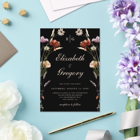 Zwarte Monogram Wildflower Wedding Acryl Uitnodigingen (Insitu (Huwelijk))