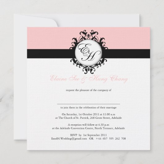 Zwarte Monogrammen Damask op Linen Kaart (Achterkant)