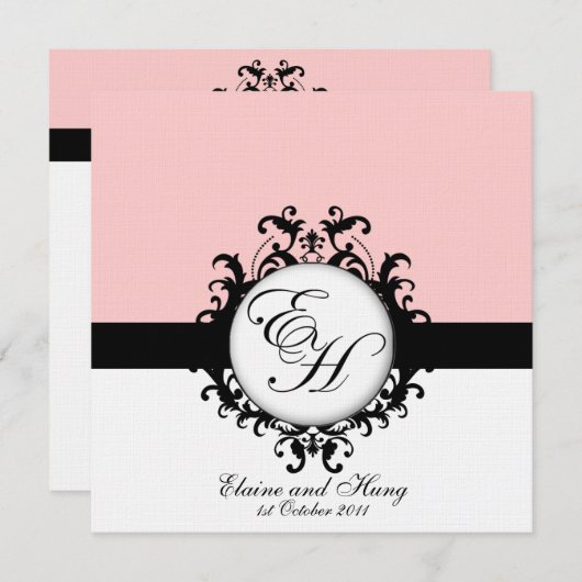 Zwarte Monogrammen Damask op Linen Kaart (Voorkant / Achterkant)