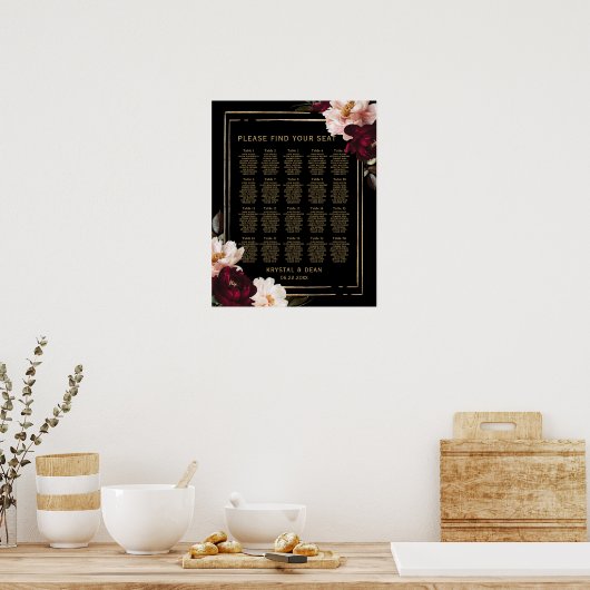 Zwarte Moody Bourgondië Blush Bloemen Trouwstoelen Poster (Keuken)