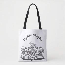 Zwarte Mooie Bloemige Boeken Bibliotheek Naam Bood Tote Bag