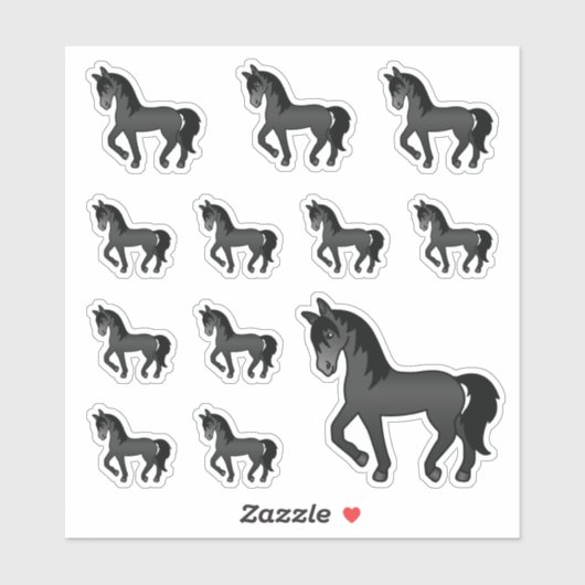 Zwarte Moppige Cartoon Dravende Paarden Sticker (Vel)