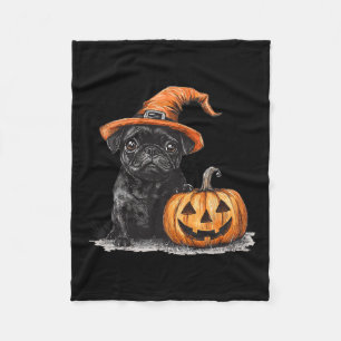 Zwarte mopshond met heks Pet en pompoen Halloween  Fleece Deken