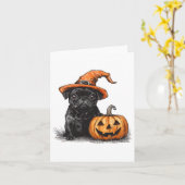 Zwarte mopshond met heks Pet en pompoen Halloween  Kaart (Gele Bloem)