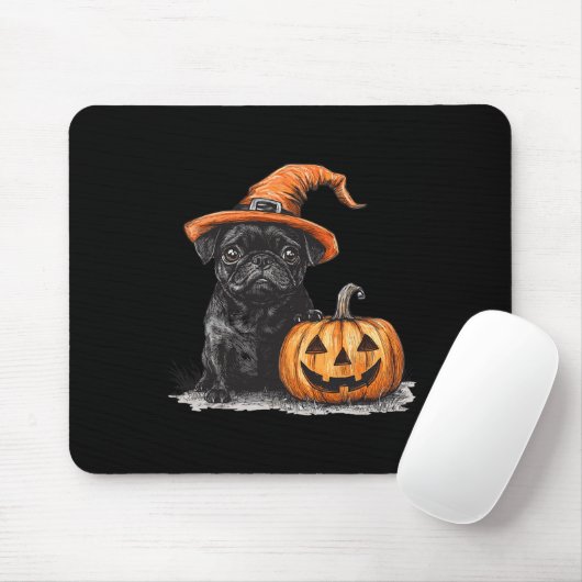Zwarte mopshond met heks Pet en pompoen Halloween Muismat (Met muis)