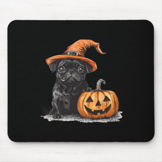 Zwarte mopshond met heks Pet en pompoen Halloween Muismat (Voorkant)