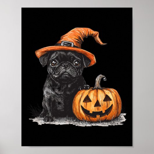 Zwarte mopshond met heks Pet en pompoen Halloween Poster (Voorkant)