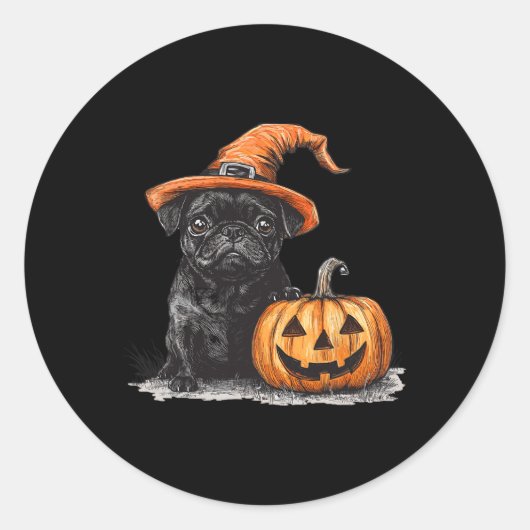 Zwarte mopshond met heks Pet en pompoen Halloween  Ronde Sticker (Voorkant)