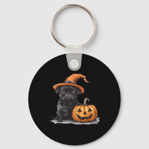 Zwarte mopshond met heks Pet en pompoen Halloween Sleutelhanger