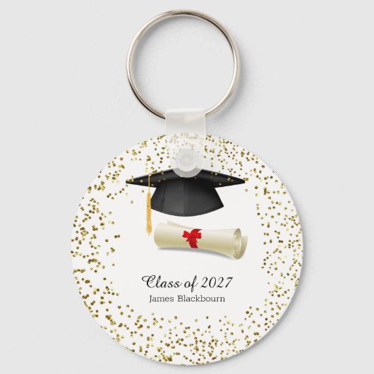 Zwarte mortel, gouden effect confetti Afstuderen Sleutelhanger (Voorkant)